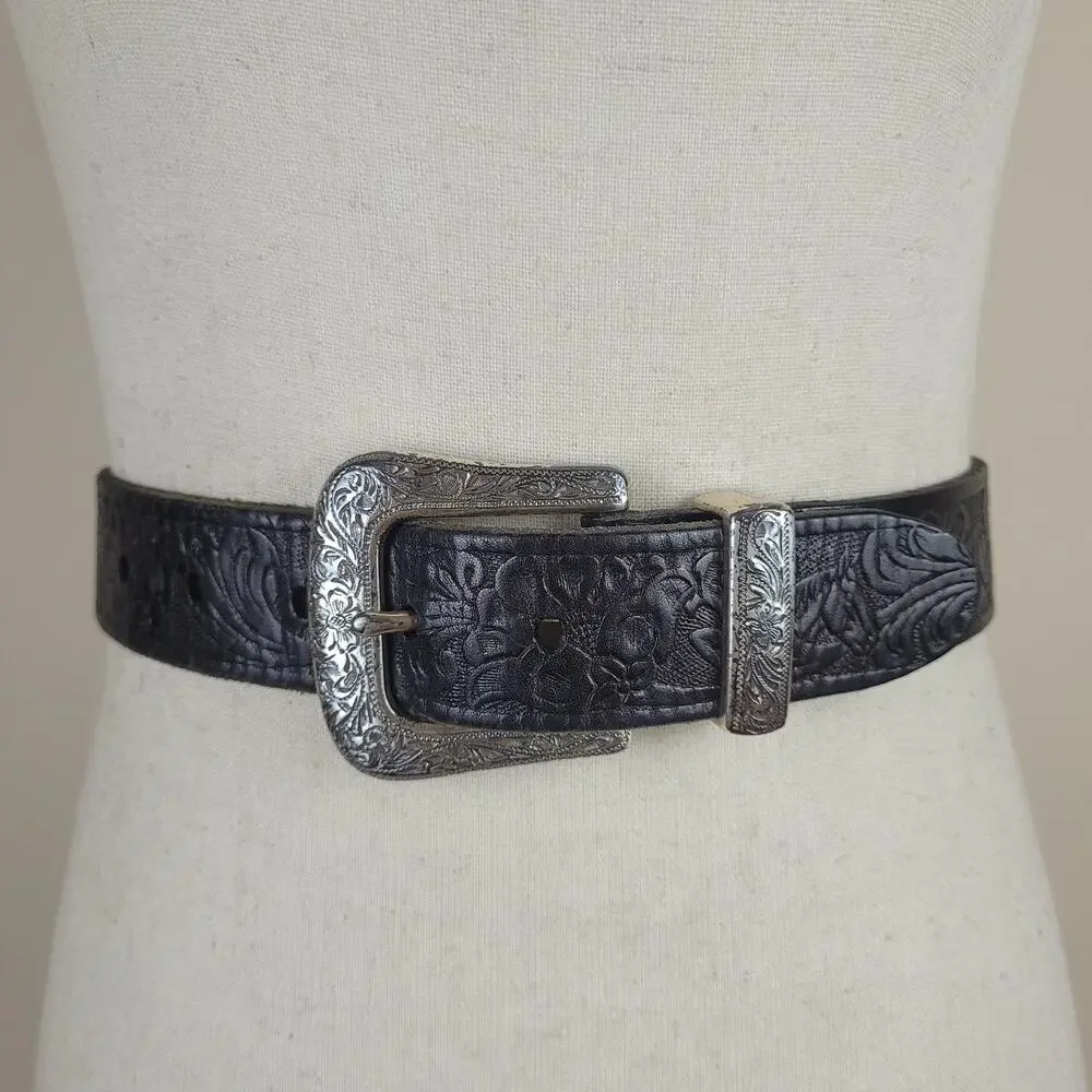 Vintage Liz Claiborne Belt XL Black Leather Tooled‎ Western Floral Cowgirl Boho